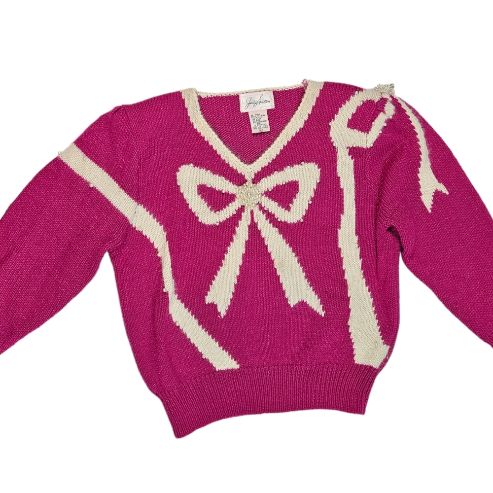 Vintage Jaclyn Smith Hot Pink White Bow Sweater Sz L Pearl Bead Granny Coquette - Picture 6 of 16